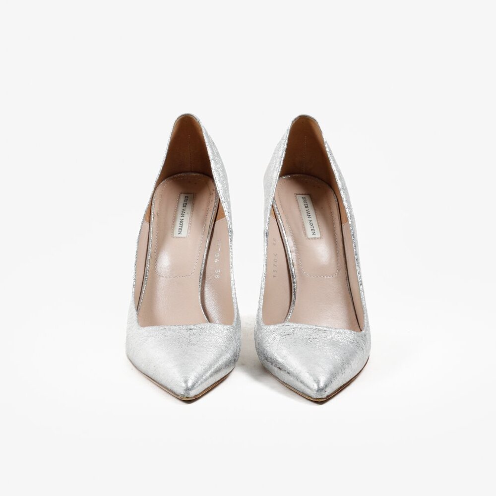 Dries Van Noten Distressed Silver Leather Heels - Picture 2 of 8